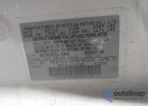 2013 Nissan Versa 1.6 Sl из США, поврежденный, VIN 3N1CN7AP2DL884635